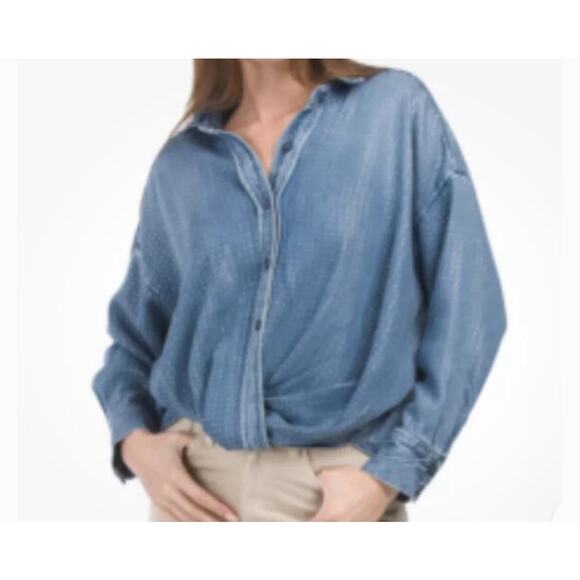 Young Fabulous & Broke YFB Chambray Twist Front Shirt Relax Casual Wardrobe Sz L - Picture 1 of 10